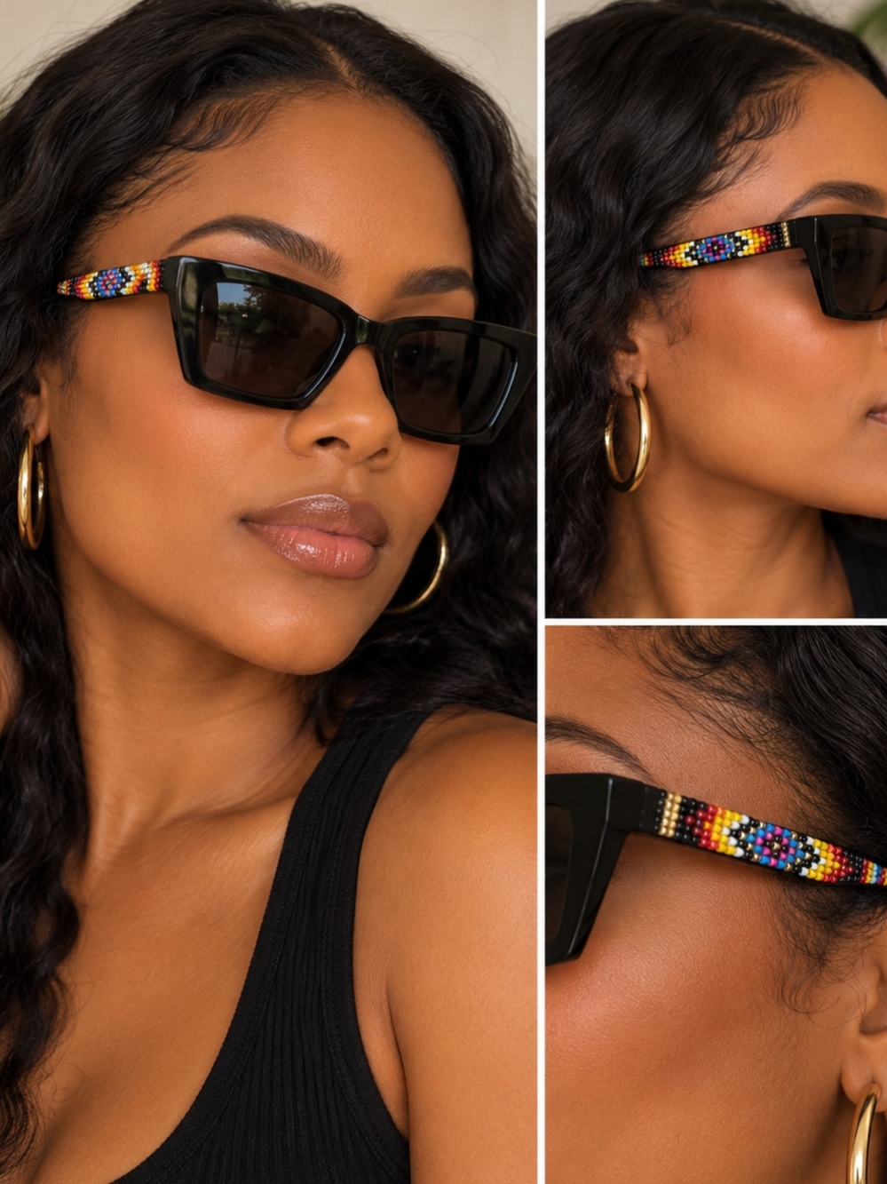 Beaded Accent Black Rectangle Sunglasses - Multicolor Trim